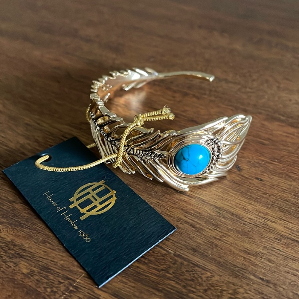 NWT House of Harlow 1960 gold tone turquoise feather cuff bracelet